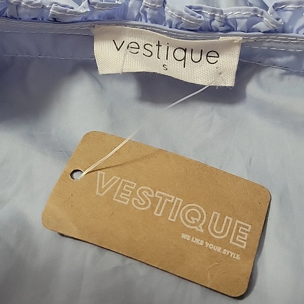 NWT Vestique Light Blue Ruffle  Wrap Size Small Dress - Picture 2 of 7